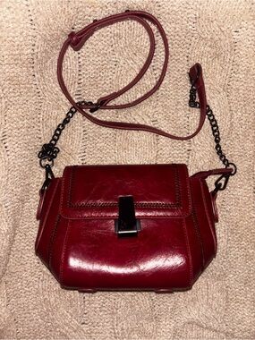 Burgundy Crossbody Bag Black Chain Strap Whipstitch Flap Clutch Mini Purse